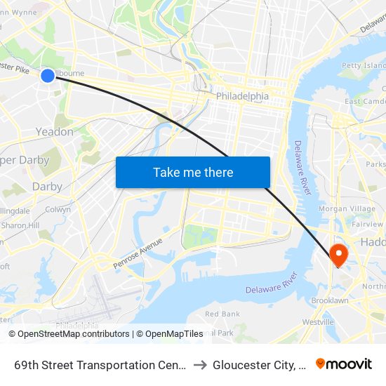 69th Street Transportation Center to Gloucester City, NJ map
