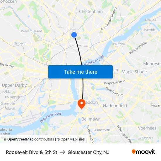 Roosevelt Blvd & 5th St to Gloucester City, NJ map