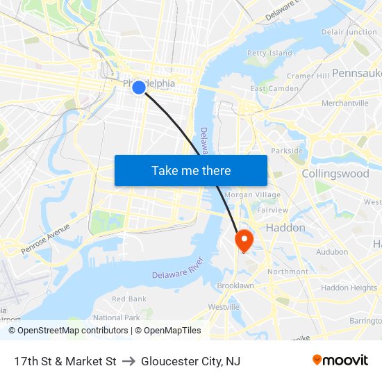 17th St & Market St to Gloucester City, NJ map