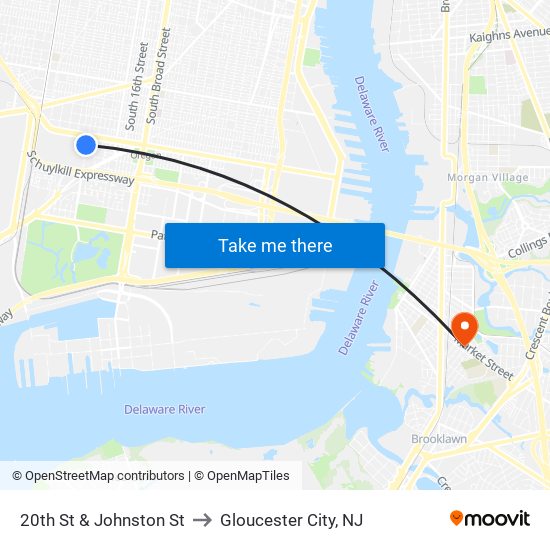 20th St & Johnston St to Gloucester City, NJ map