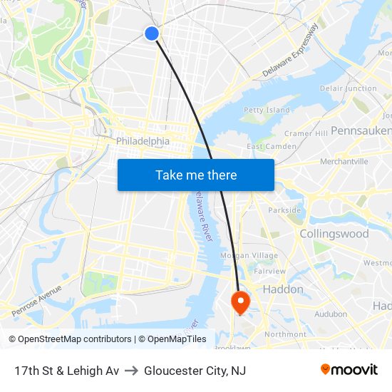 17th St & Lehigh Av to Gloucester City, NJ map