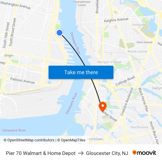 Pier 70 Walmart & Home Depot to Gloucester City, NJ map