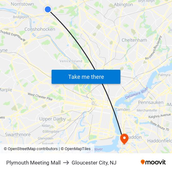 Plymouth Meeting Mall to Gloucester City, NJ map