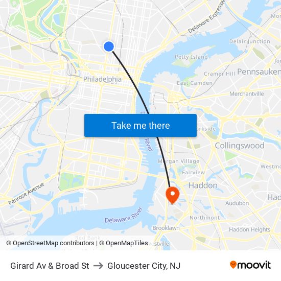 Girard Av & Broad St to Gloucester City, NJ map