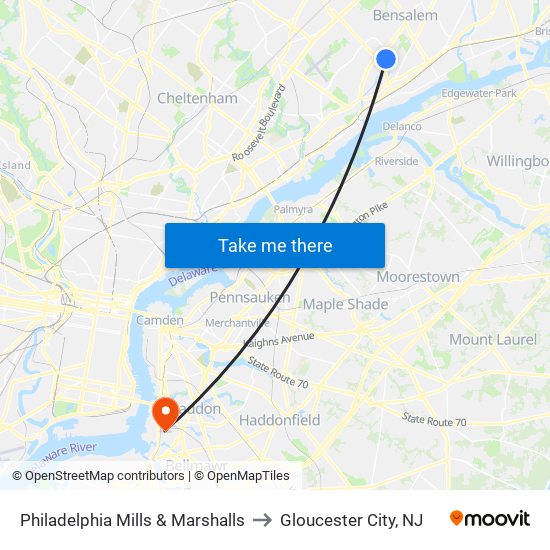 Philadelphia Mills & Marshalls to Gloucester City, NJ map