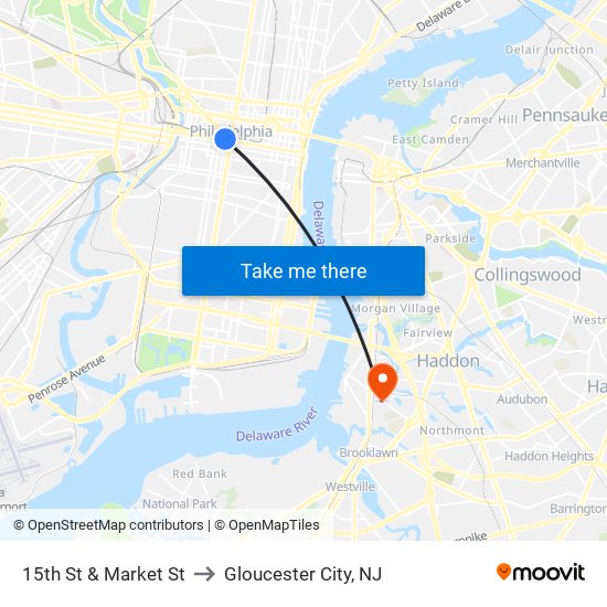 15th St & Market St to Gloucester City, NJ map