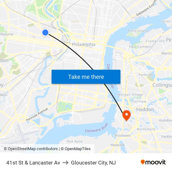 41st St & Lancaster Av to Gloucester City, NJ map