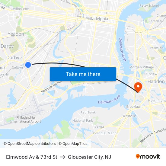 Elmwood Av & 73rd St to Gloucester City, NJ map