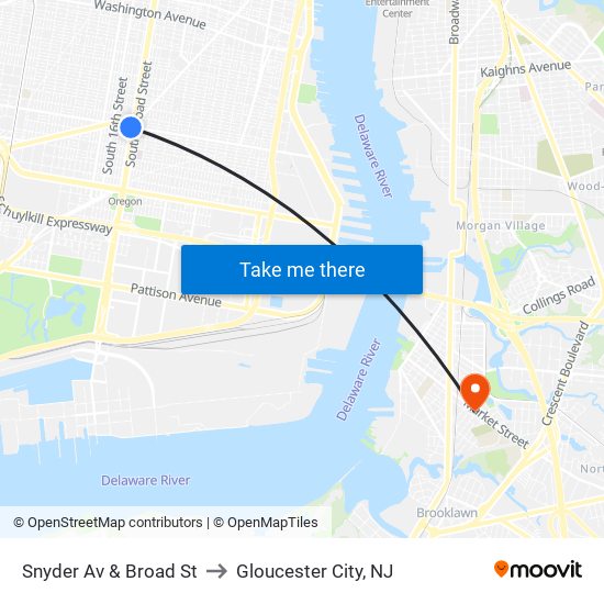 Snyder Av & Broad St to Gloucester City, NJ map