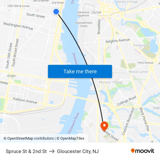 Spruce St & 2nd St to Gloucester City, NJ map