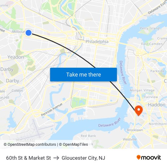 60th St & Market St to Gloucester City, NJ map