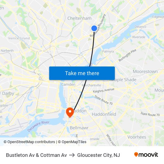 Bustleton Av & Cottman Av to Gloucester City, NJ map