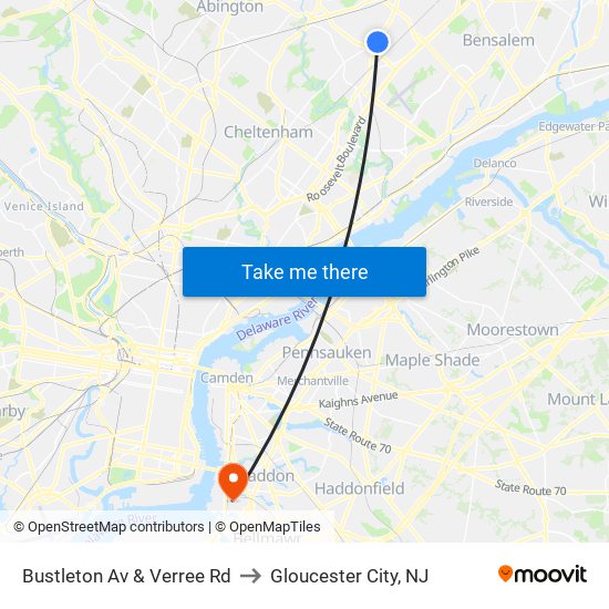 Bustleton Av & Verree Rd to Gloucester City, NJ map