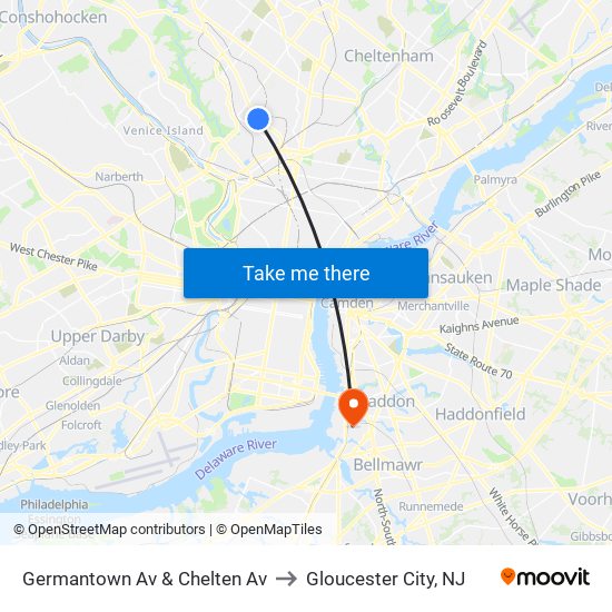 Germantown Av & Chelten Av to Gloucester City, NJ map