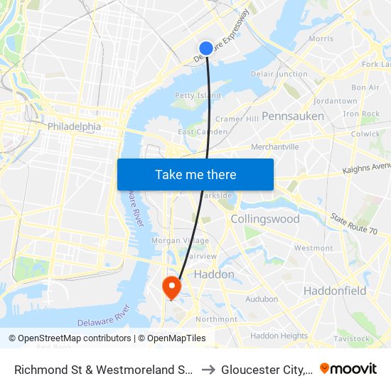 Richmond St & Westmoreland St - FS to Gloucester City, NJ map