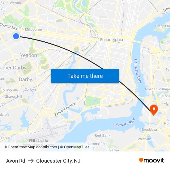 Avon Rd to Gloucester City, NJ map