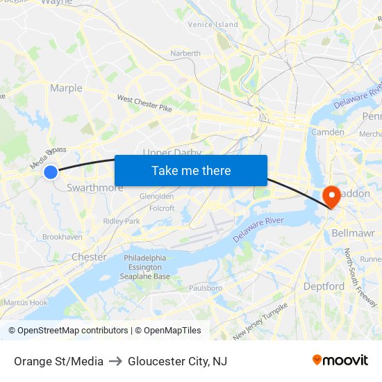 Orange St/Media to Gloucester City, NJ map