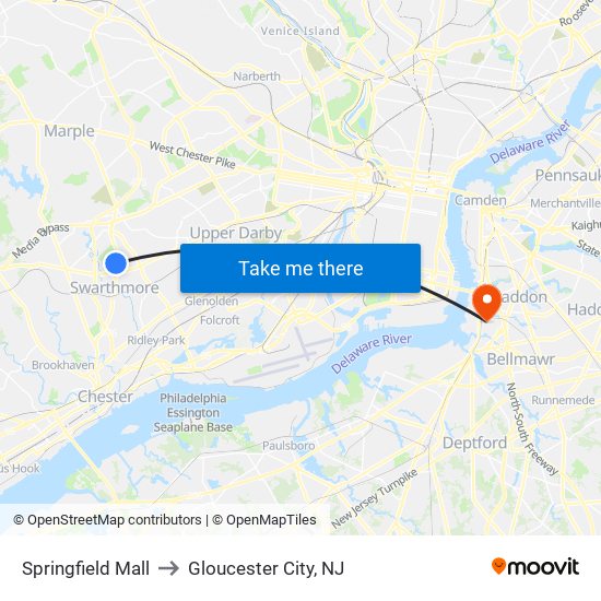 Springfield Mall to Gloucester City, NJ map