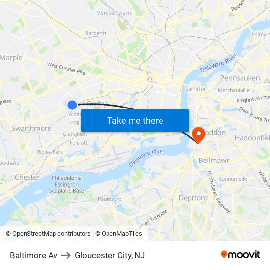 Baltimore Av to Gloucester City, NJ map