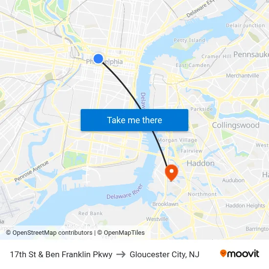 17th St & Ben Franklin Pkwy to Gloucester City, NJ map