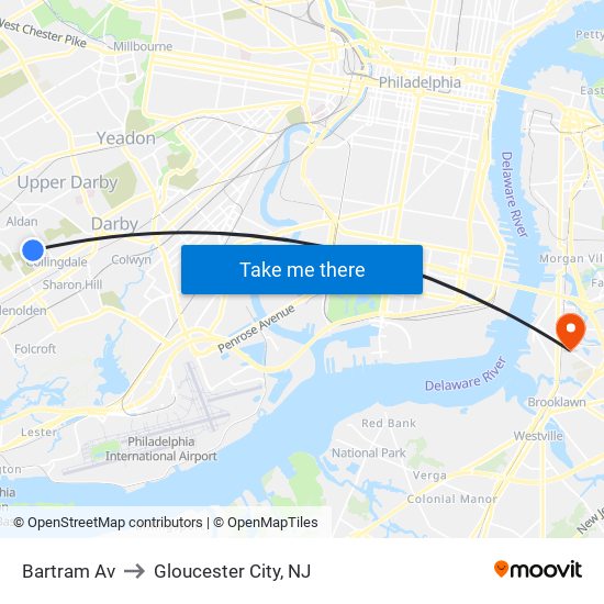 Bartram Av to Gloucester City, NJ map