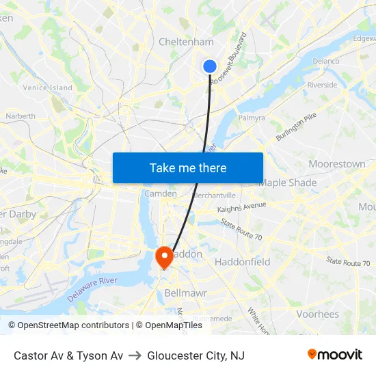 Castor Av & Tyson Av to Gloucester City, NJ map