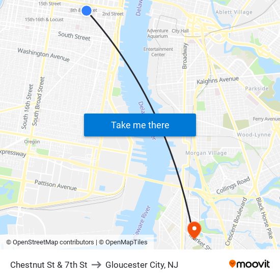 Chestnut St & 7th St to Gloucester City, NJ map