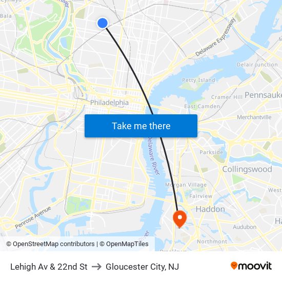 Lehigh Av & 22nd St to Gloucester City, NJ map