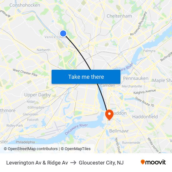 Leverington Av & Ridge Av to Gloucester City, NJ map