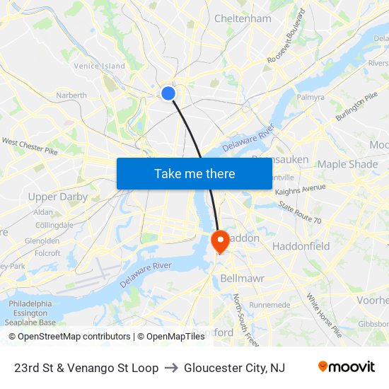 23rd St & Venango St Loop to Gloucester City, NJ map
