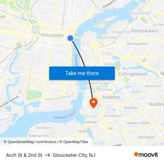 Arch St & 2nd St to Gloucester City, NJ map