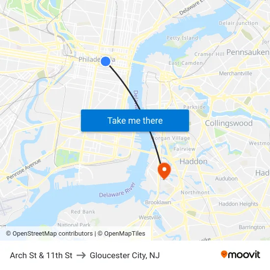 Arch St & 11th St to Gloucester City, NJ map