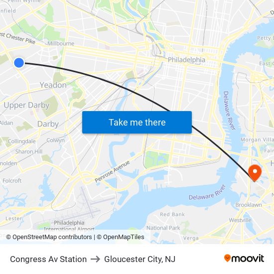 Congress Av Station to Gloucester City, NJ map