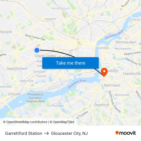 Garrettford Station to Gloucester City, NJ map