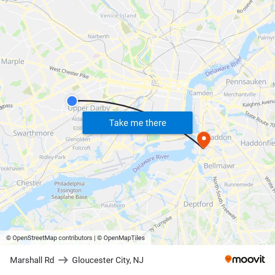 Marshall Rd to Gloucester City, NJ map