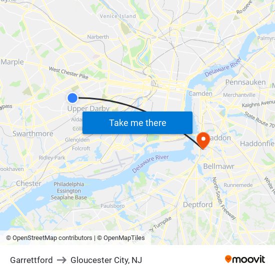 Garrettford to Gloucester City, NJ map