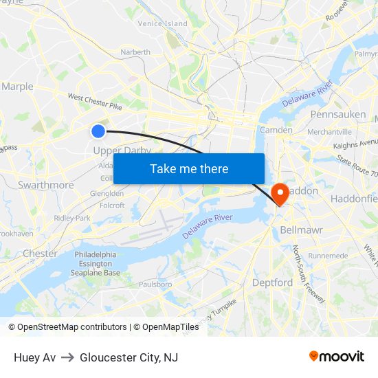 Huey Av to Gloucester City, NJ map