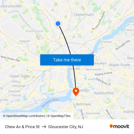 Chew Av & Price St to Gloucester City, NJ map