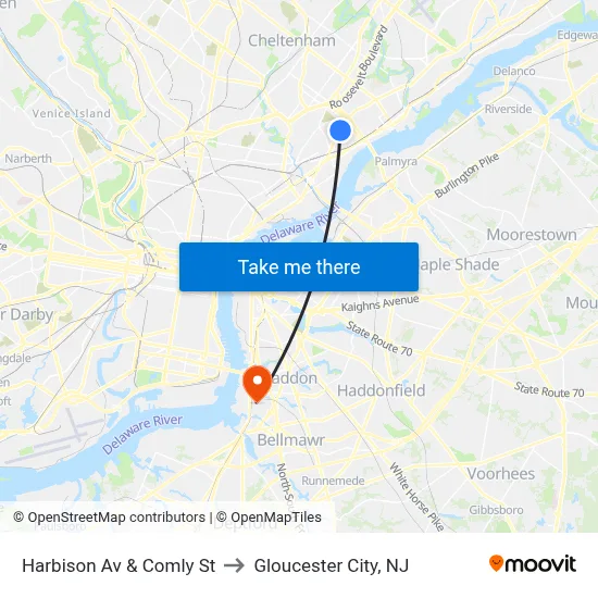 Harbison Av & Comly St to Gloucester City, NJ map