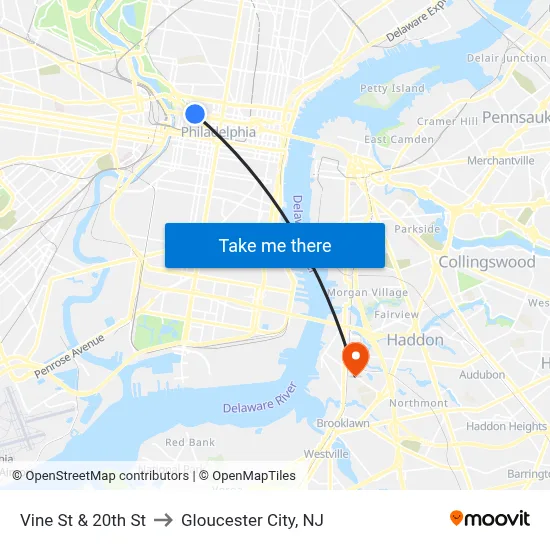 Vine St & 20th St to Gloucester City, NJ map