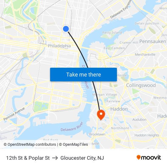 12th St & Poplar St to Gloucester City, NJ map