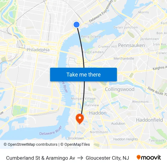 Cumberland St & Aramingo Av to Gloucester City, NJ map