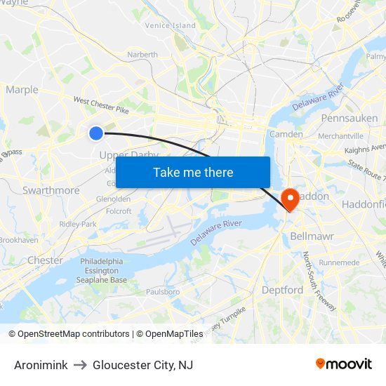 Aronimink to Gloucester City, NJ map