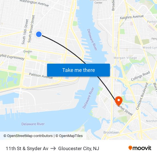 11th St & Snyder Av to Gloucester City, NJ map
