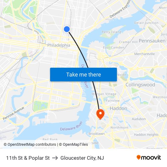 11th St & Poplar St to Gloucester City, NJ map