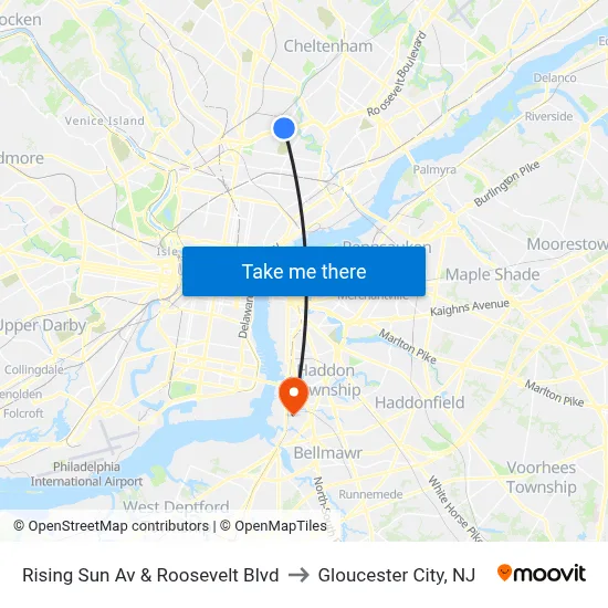 Rising Sun Av & Roosevelt Blvd to Gloucester City, NJ map
