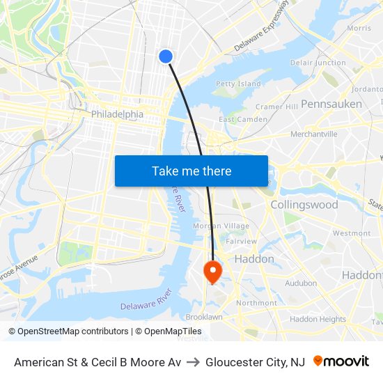 American St & Cecil B Moore Av to Gloucester City, NJ map