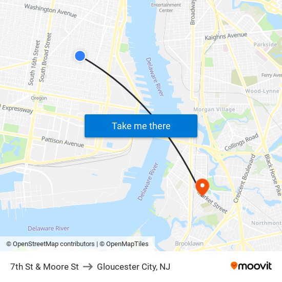 7th St & Moore St to Gloucester City, NJ map