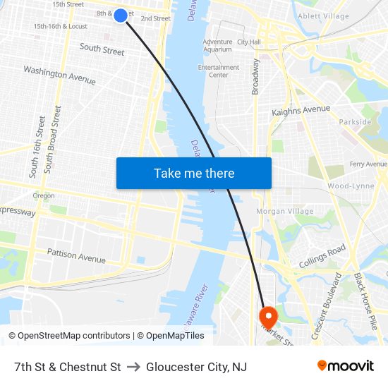 7th St & Chestnut St to Gloucester City, NJ map