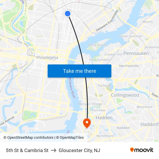 5th St & Cambria St to Gloucester City, NJ map